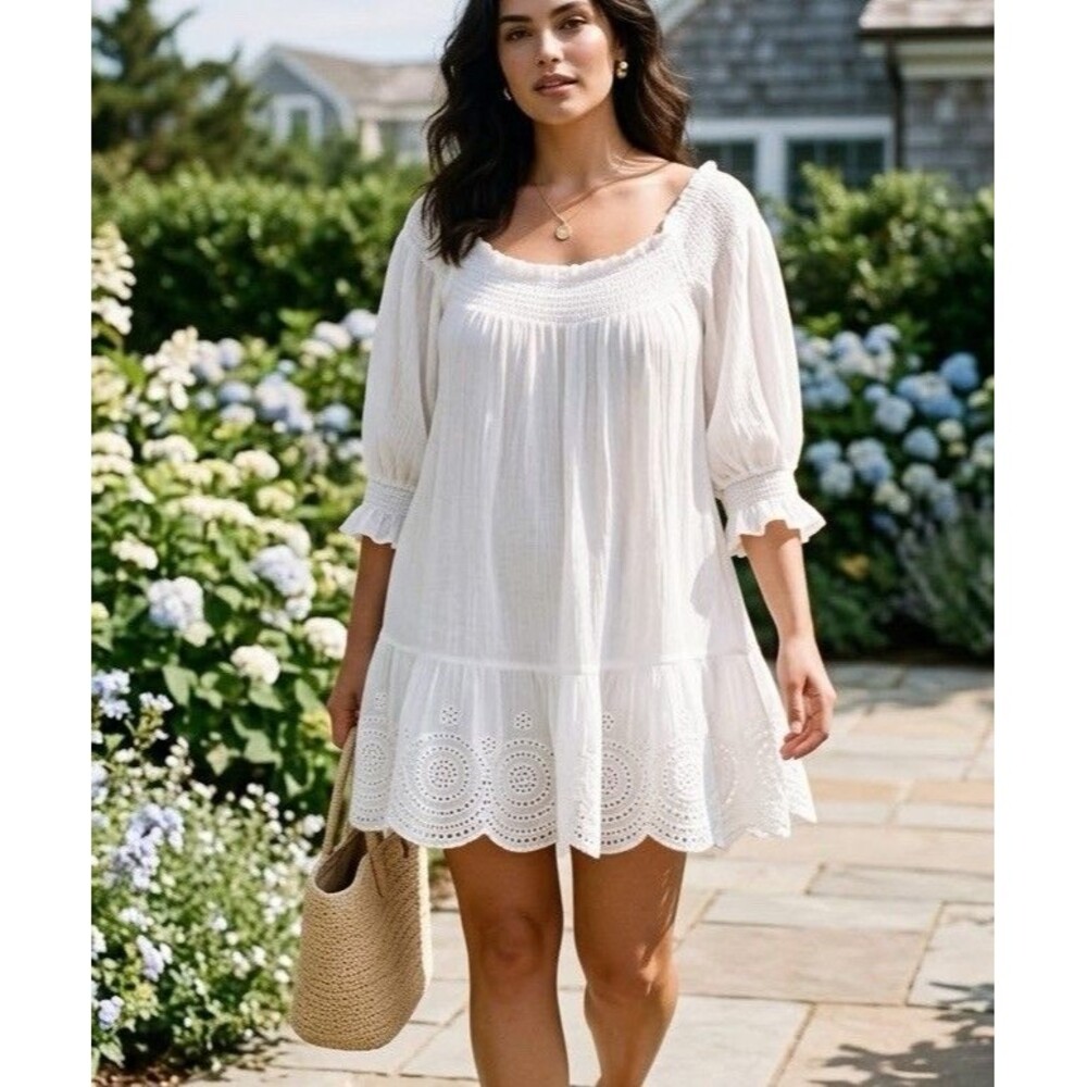 Tory Burch Embroidered Eyelet Scallop Hem Peasant Tunic/Cover Up Dress White M